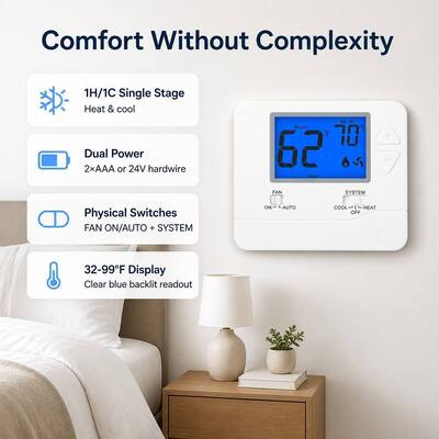 Electronic 24V US Style Air Conditioning Display Size 3.84 Sq In Adjustable Single Stage 1 H 1 C Thermostat Featuring Non Programmable Control