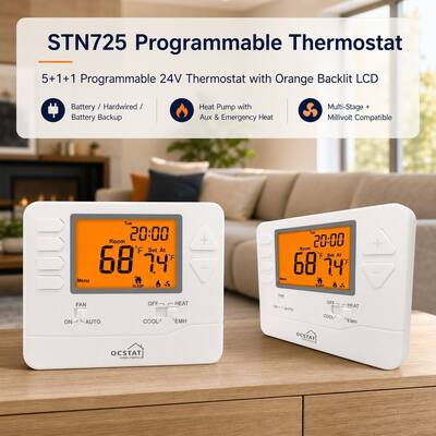 24V or Batteries Operation Heating and Cooling Wired 7 Day Heat Pump Adjustable Thermostat for Air Conditioning