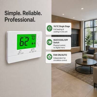 24V Single Stage 1 Heat 1 Cool Non-programmable Heating and Cooling Simple Thermostat for Air Conditioning