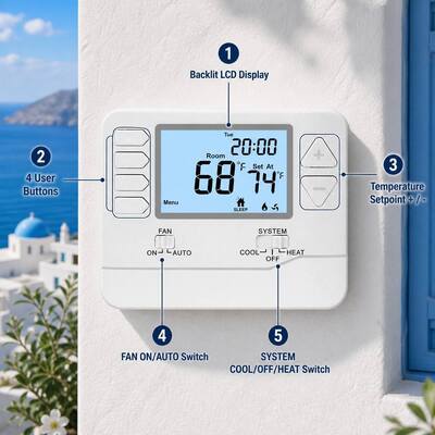 وحدة تحكم درجة حرارة HVAC بشاشة LCD كبيرة 24 فولت، ترموستات سلكي، 7 أيام، 2 تدفئة، 2 تبريد، تعمل بالبطارية