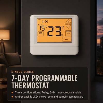 ضاغط LCD كبير حماية التأخير 5 دقائق 1 حرارة 1 باردة سلكية 7 أيام تكييف الهواء الفندق المنزل HVAC جهاز تحكم درجة الحرارة للشقة